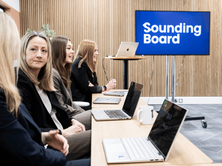 SoundingBoard panelists at group discussion at Loughborough Uni Holywell building.
