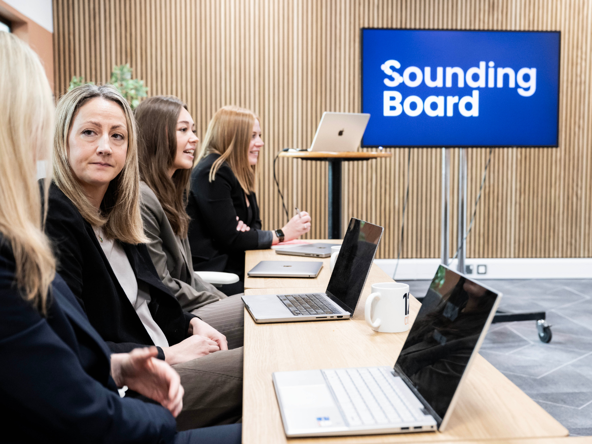 SoundingBoard panelists at group discussion at Loughborough Uni Holywell building.